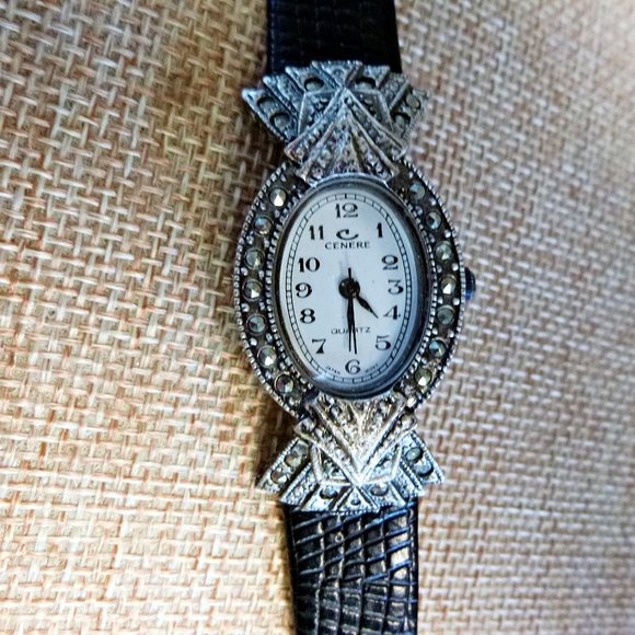 Cenere Accessories - Deco style Marcasite Silver & Leather Cenere Watch